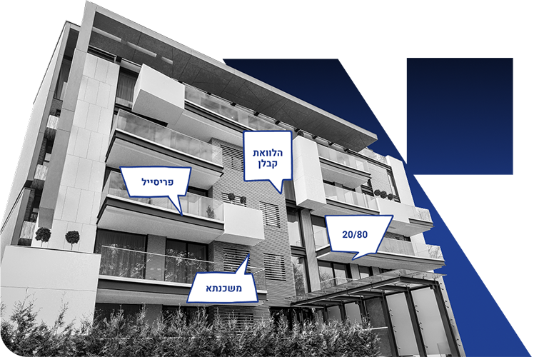 בנין עם בועות דיבור והכיתובים הבאים: הלוואות קבלן, פריסייל, 20/80, משכנתא